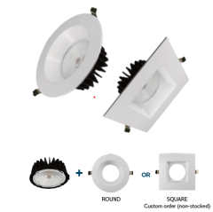 Hight Output Commercial Grade LED Downlight,  CRI90 5CCT 2700K, 3000K, 3500K, 4000K, 5000K - Regress LED Module - Wet Location rated, 4" & 6" Models with white round trim, ETL Approved